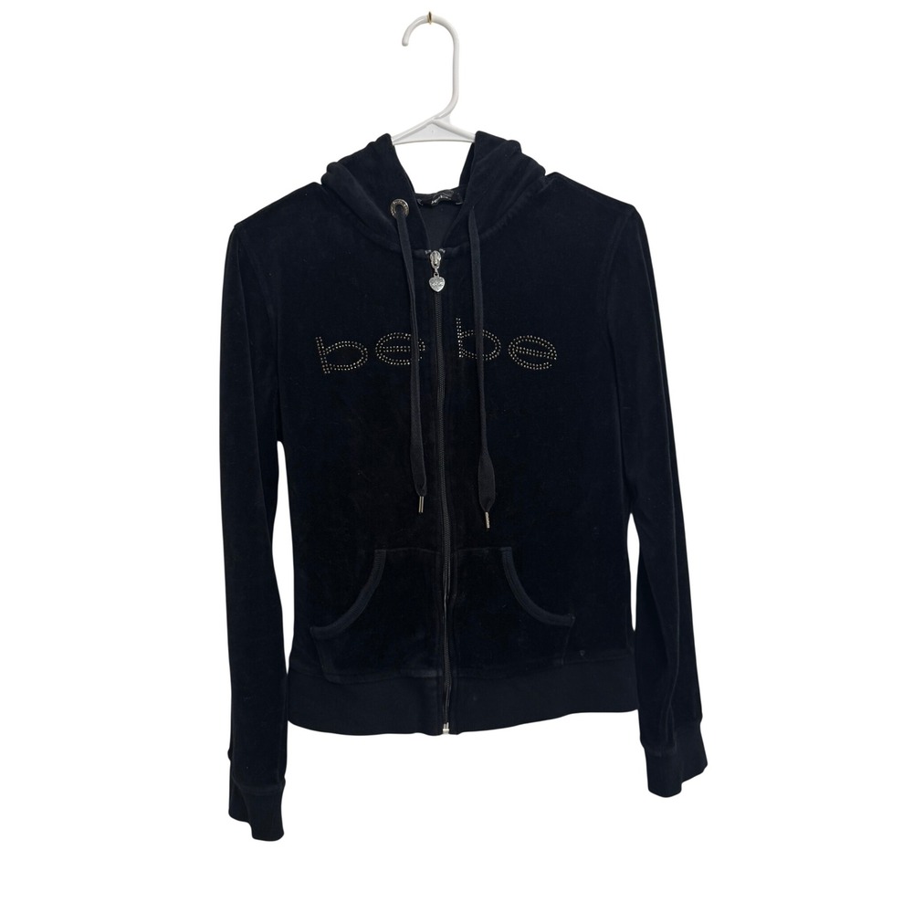 Bebe Womens Black Velour Rhinestone Logo Full Zip Hoodie Heart Pull M
